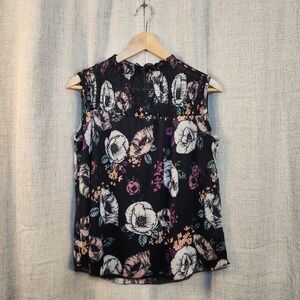 Kim & Cami Sleeveless Blouse Women S Black Floral Ruched Sheer Lined Lightweight